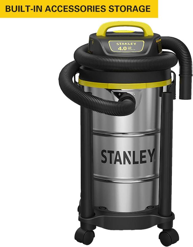 Photo 1 of **DENTED SEE PHOTO** Stanley Wet/Dry Vacuum, 5 Gallon, 4 Horsepower, Stainless Steel Tank - Silver+yellow+black - SL18130
