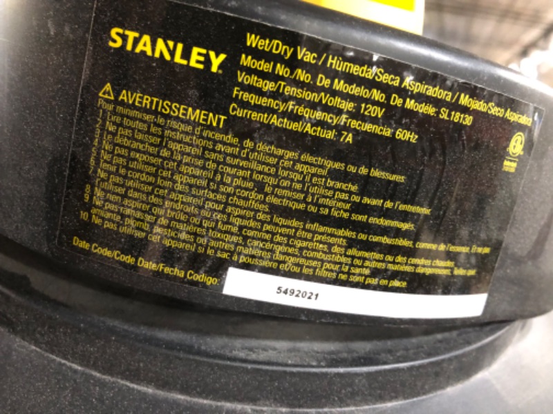 Photo 4 of **PARTS ONLY** Stanley Wet/Dry Vacuum, 5 Gallon, 4 Horsepower, Stainless Steel Tank - Silver+yellow+black - SL18130