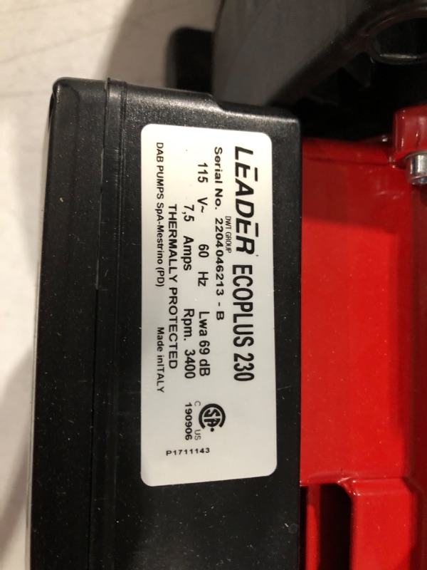 Photo 4 of *SEE NOTES* Leader Pumps HGC727960 Ecoplus 230-1/2 HP Horizontal Multistage Pump, 115V-CSA Listed, Red/Black