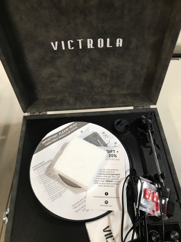 Photo 4 of Victrola Brooklyn Special Edition 3-in-1 Bluetooth Suitcase Record Player with 3-Speed Turntable Lambskin Grey