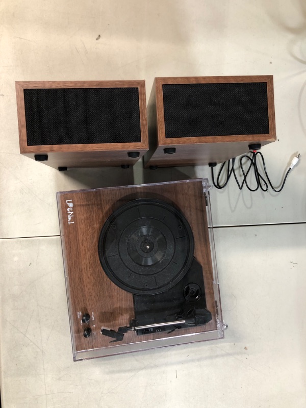 Photo 4 of LP&No.1 Bluetooth Vinyl Record Player with External Speakers, 3-Speed Belt-Drive Turntable for Vinyl Albums with Auto Off and Bluetooth Input?Red Wood