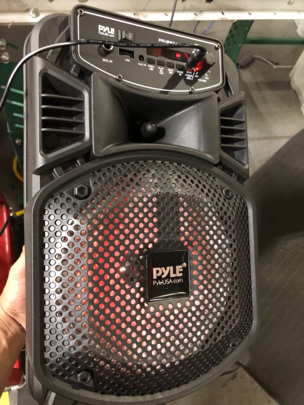 Photo 2 of Pyle Portable Bluetooth PA Speaker System-300W Rechargeable Indoor/Outdoor Bluetooth Speaker Portable System w/ 8” Subwoofer 1” Tweeter, Microphone in, Party Lights, MP3/USB, Radio, Remote PPHP834B