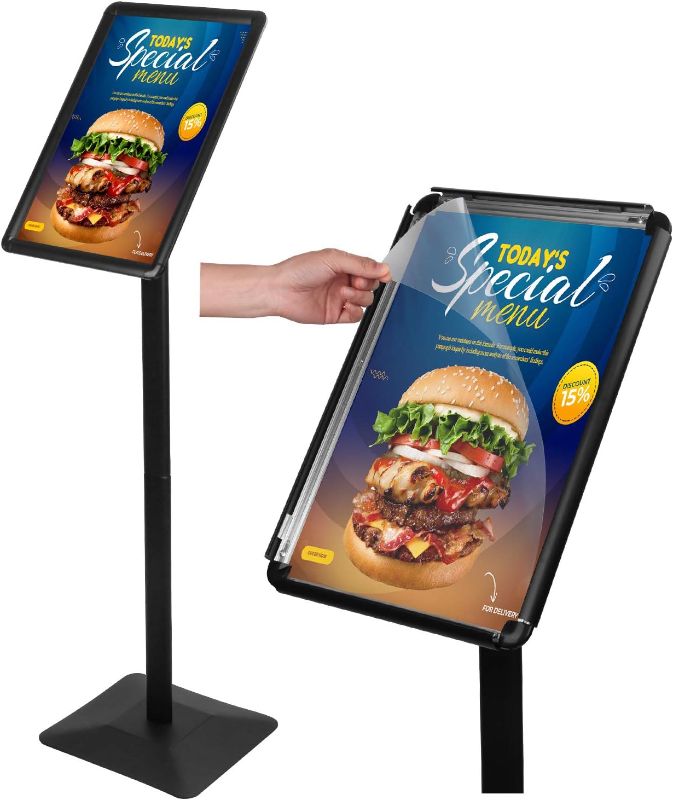 Photo 1 of (READ DESCRIPTION) JUNJIAO Sign Stand Holder 8.5 x 11 Inch Poster Stand with Base Heavy Duty Pedestal Display Sign Stands Adjustable Floor Standing,Vertical and Horizontal Display for Indoor Outdoor, Black