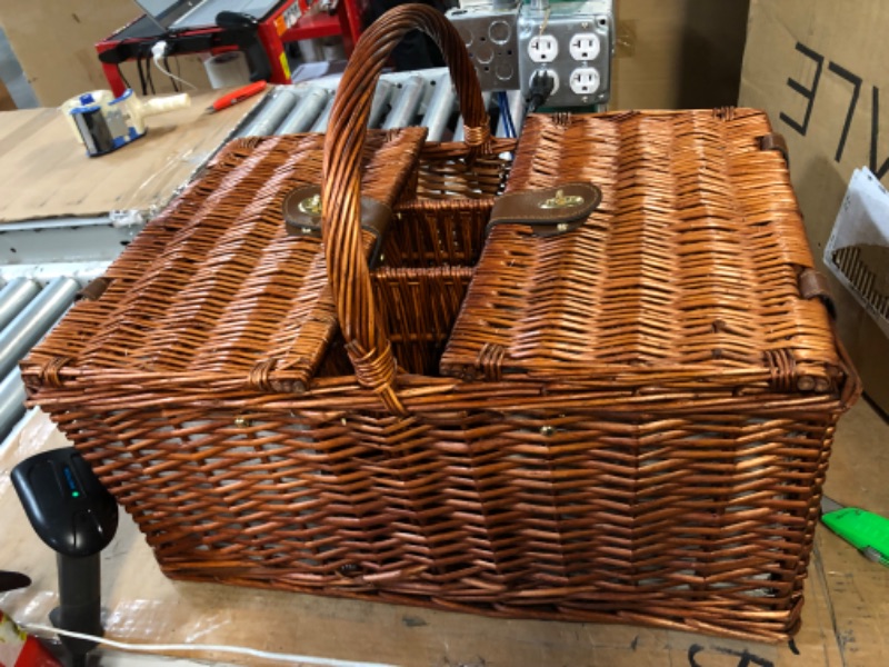 Photo 2 of 4 Person Wicker Picnic Basket Set with Utensils, Glasses, and Insulated Cooler Bag, Outdoor Tableware for Family Gatherings 