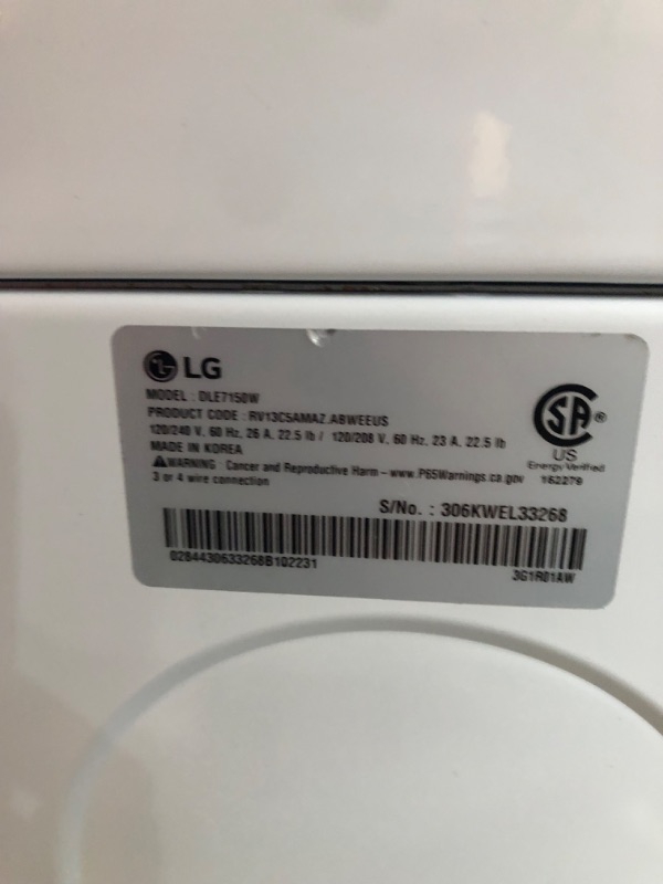 Photo 8 of **LIKE NEW**  UNABLE TO TEST  LG 7.3 cu. ft. Ultra Large Capacity Electric Dryer with Sensor Dry Technology