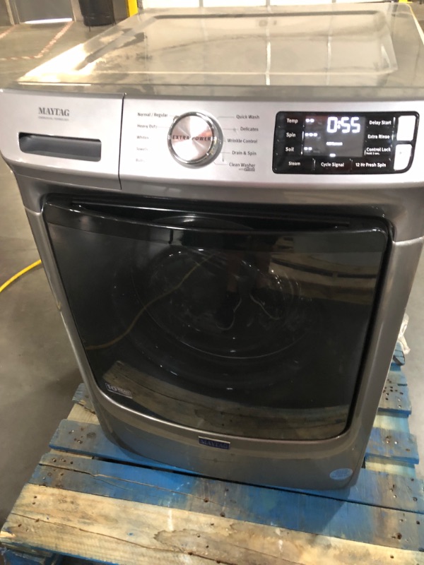 Photo 1 of **TESTED** DAMAGED TRAY Maytag 4.5-cu ft High Efficiency Stackable Steam Cycle Front-Load Washer (Metallic Slate)