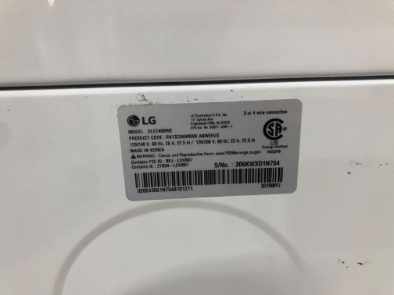 Photo 6 of **UNABLE TO TEST**  LG 7.3 cu. ft. Ultra Large Capacity Smart wi-fi Enabled Rear Control Electric Dryer with EasyLoad™ Door