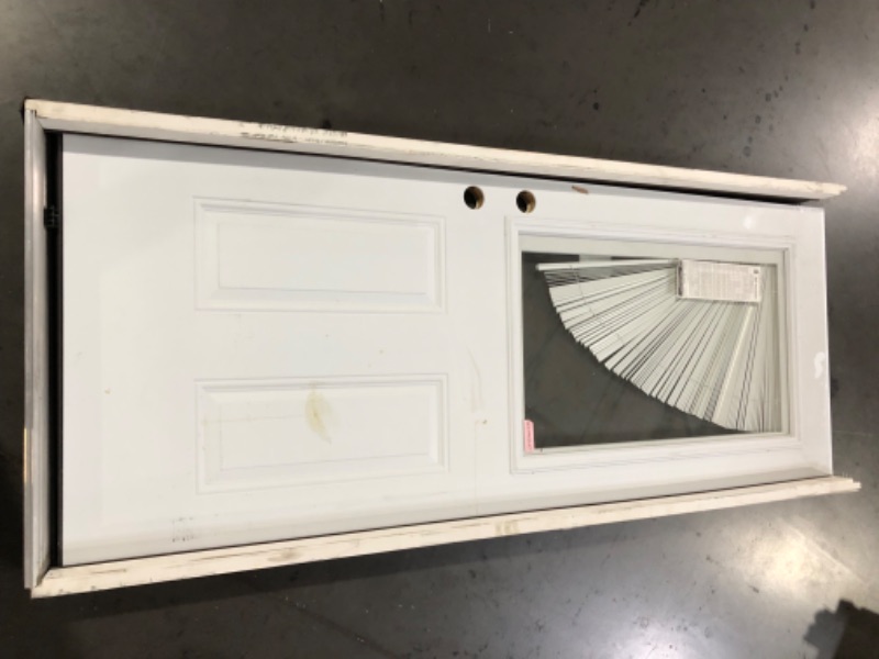 Photo 1 of **MINIBLINDS BROKEN** Masonite 32 in. x 80 in. Premium Clear 1/2-Lite Mini-Blind Right-Hand Inswing Primed Steel Front Door