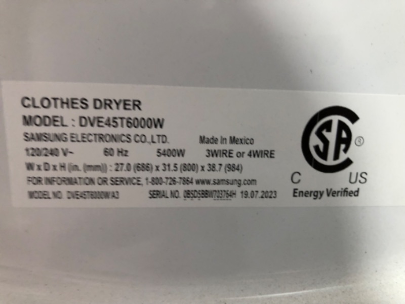 Photo 1 of **SEE NOTES** Samsung 7.5 cu. ft. Stackable Vented Electric Dryer with Sensor Dry in White