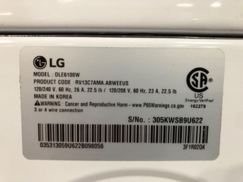 Photo 1 of **SEE NOTES** LG DLE6100W 7.3 cu. ft. Ultra Large Capacity Rear Control Electric Energy Star Dryer with Sensor Dry