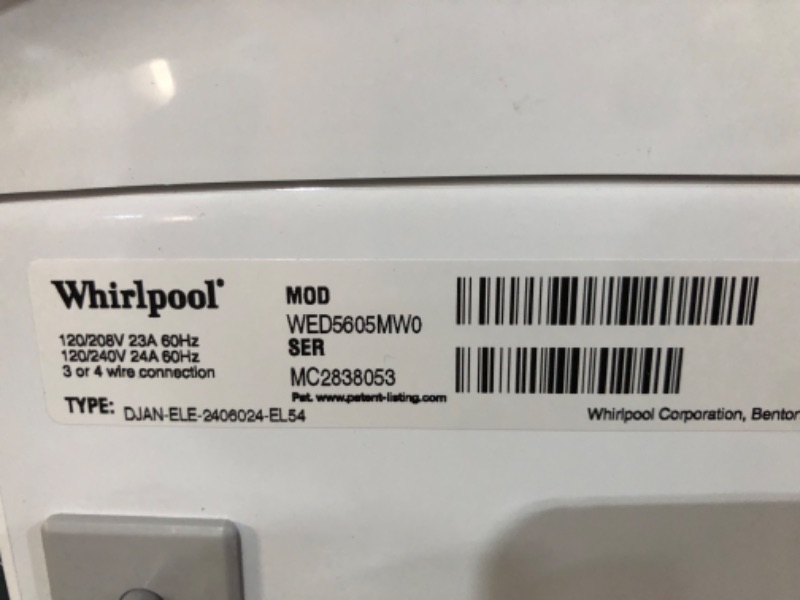 Photo 10 of **SEE NOTES** Whirlpool 27 Inch Electric Dryer with 7.4 cu. ft. Capacity [WED5605MW0]