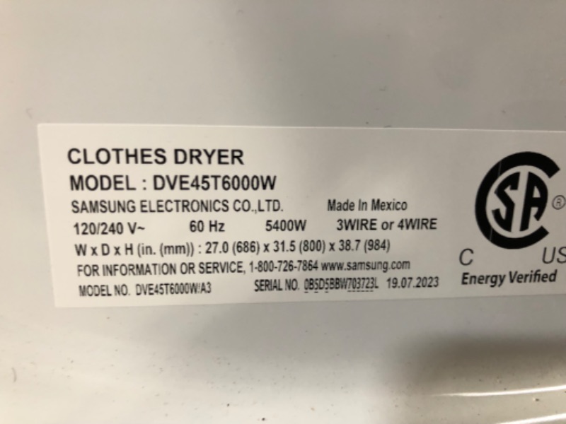 Photo 10 of **SEE NOTES** Samsung 7.5 cu. ft. Electric Dryer with Sensor Dry in White