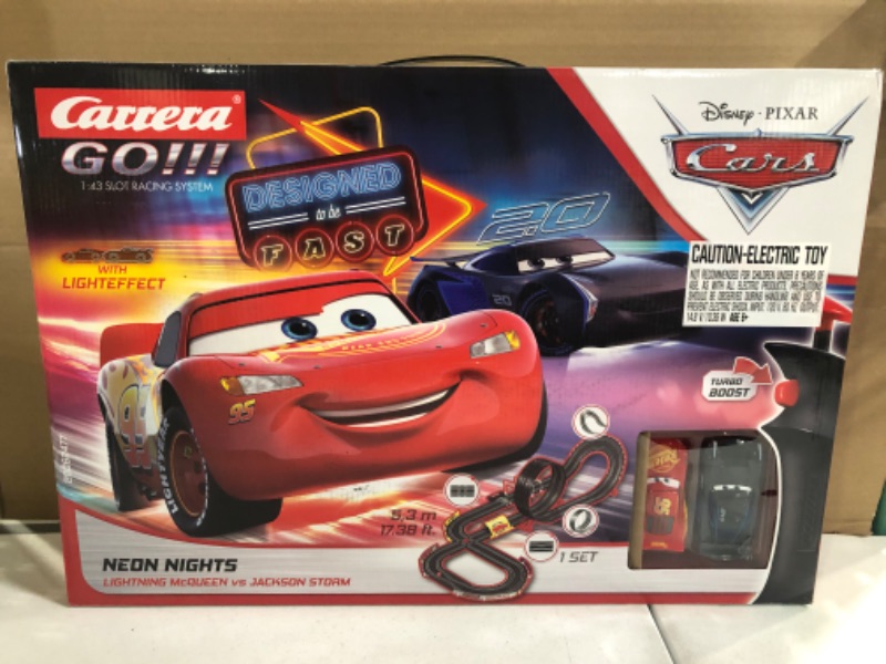 Photo 2 of Carrera GO!!! 62477 Disney Pixar Cars Neon Nights Electric Slot Car Racing Kids Toy Race Track Set Includes 2 Controllers and 2 Cars in 1:43 Scale Disney Cars Neon