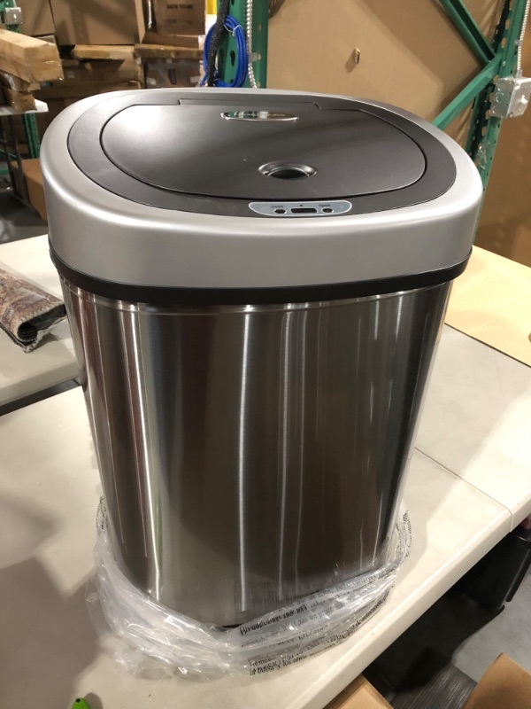 Photo 2 of **NEW** NINESTARS DZT-42-9 Automatic Touchless Infrared Motion Sensor Trash Can, 11 Gal 42L, Stainless Steel Base (Oval, Silver/Black Lid)