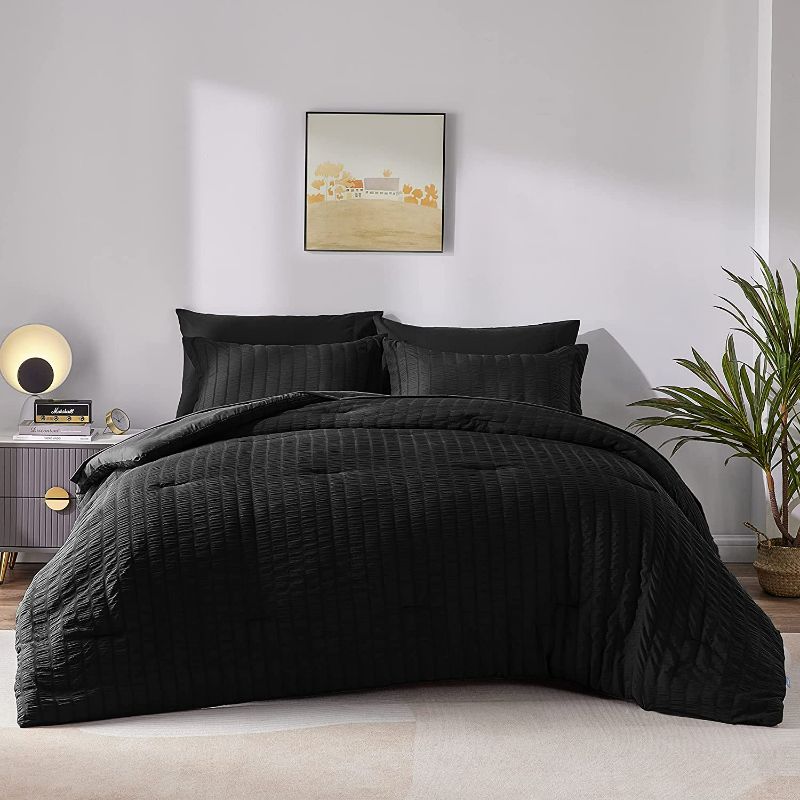 Photo 1 of *Opened* CozyLux Full Seersucker Comforter Set with Sheets Black Bed in a Bag 7-Pieces  black