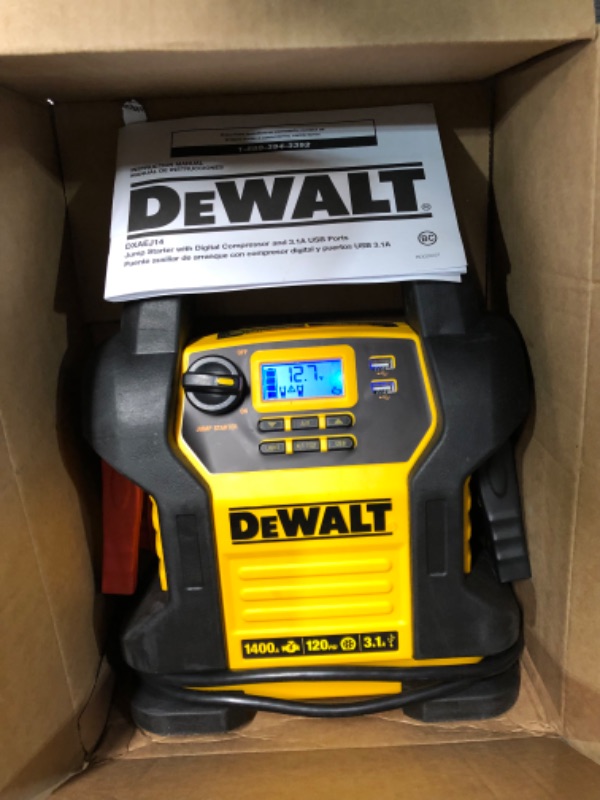 Photo 3 of DEWALT DXAEJ14 Digital Portable Power Station Jump Starter: 1400 Peak/700 Instant Amps, 120 PSI Digital Air Compressor, 3.1A USB Ports, Battery Clamps , Yellow