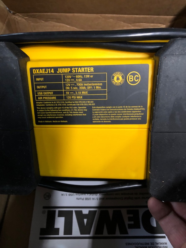 Photo 2 of DEWALT DXAEJ14 Digital Portable Power Station Jump Starter: 1400 Peak/700 Instant Amps, 120 PSI Digital Air Compressor, 3.1A USB Ports, Battery Clamps , Yellow