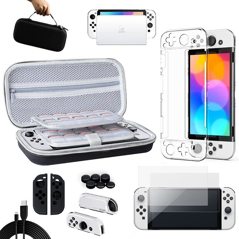 Photo 1 of Benazcap Case Compatible with Nintendo Switch OLED Model 2021, 14 in 1, Accessories Kit with Carry Case, Clear Cover, Screen Protector, Silicone Skin for Joy-Con and Thumb Grip Caps, USB Cable