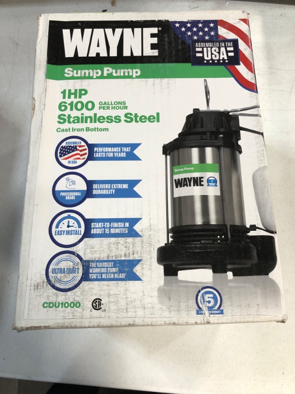 Photo 3 of **NEW** WAYNE - 1 HP Submersible Cast Iron and Stainless Steel Sump Pump with Integrated Vertical Float Switch - 6,100 Gallons Per Hour