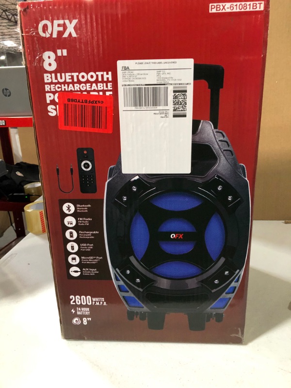 Photo 2 of QFX PBX-61081BT-RED 8-Inch Rechargeable Bluetooth Portable Speaker with 8" Woofer, 