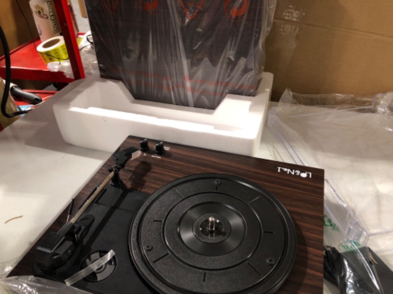 Photo 2 of LP&No.1 Bluetooth Vinyl Record Player with External Speakers, 3-Speed Belt-Drive Turntable for Vinyl Albums with Auto Off and Bluetooth Input DarkBrown Wood