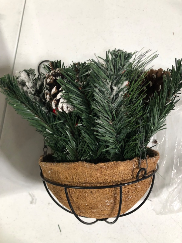 Photo 2 of Artificial Christmas Hanging Basket, Decorated with Frosted Pine Cones, Berry Clusters 