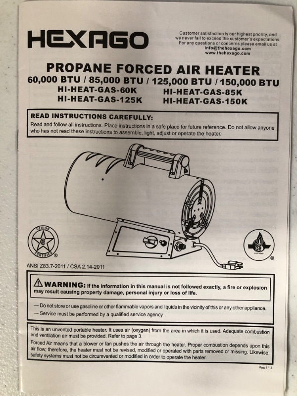 Hexago 85,000 Btu Adjustable Portable Liquid Propane Gas Forced Air 