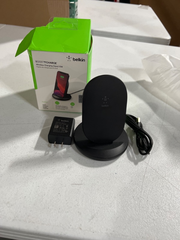 Photo 2 of Belkin Wireless Charging Stand - 15W Qi-Certified Charger Stand for iPhone, Samsung Galaxy, Google Pixel & More - Charge While Listening to Music & Streaming (Power Supply Included) 15W Stand Fast Charging Stand Black