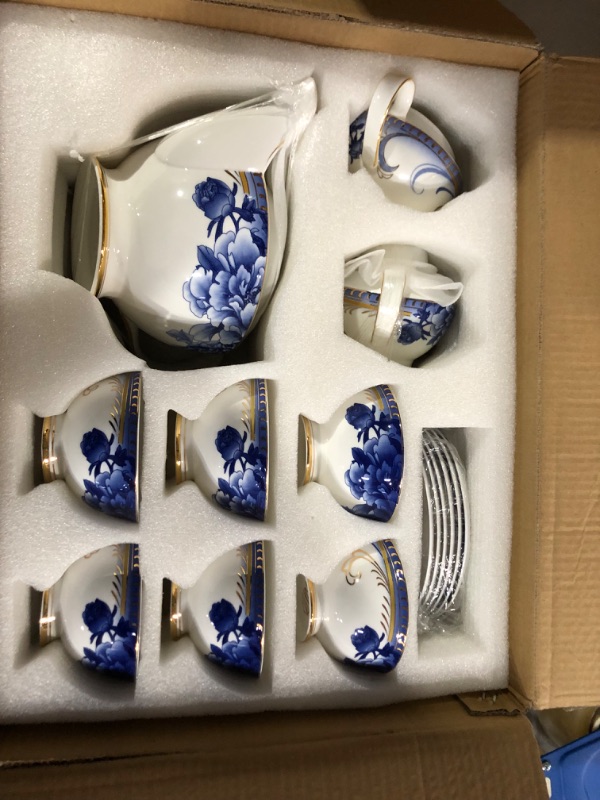 Photo 2 of ACMLIFE Bone China Tea Set for Adults, Vintage Floral Tea Set, with Blue Peony, Porcelain Tea Sets for Women Tea Party or Gift, Service for 6