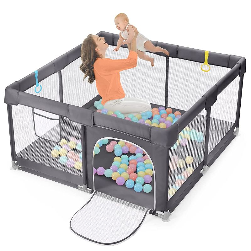 Photo 1 of Baby Playpen, 50x50 Playpen with Zipper Gates, Playpen for Babies and Toddlers, Play Yard with Pull-up Rings, Visible Mesh, Safety Anti-Fall Sturdy Baby Play Pen, Waterproof Oxford Cloth(Grey)
