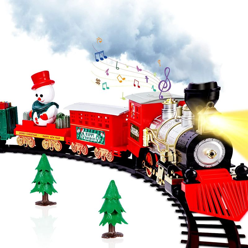 Photo 1 of Christmas Train Set, Electric Train Around Tree w/ Smoke Light & Sound for Kids Train Toy, Steam Locomotive Engine, Cargo Car and Train Tracks
