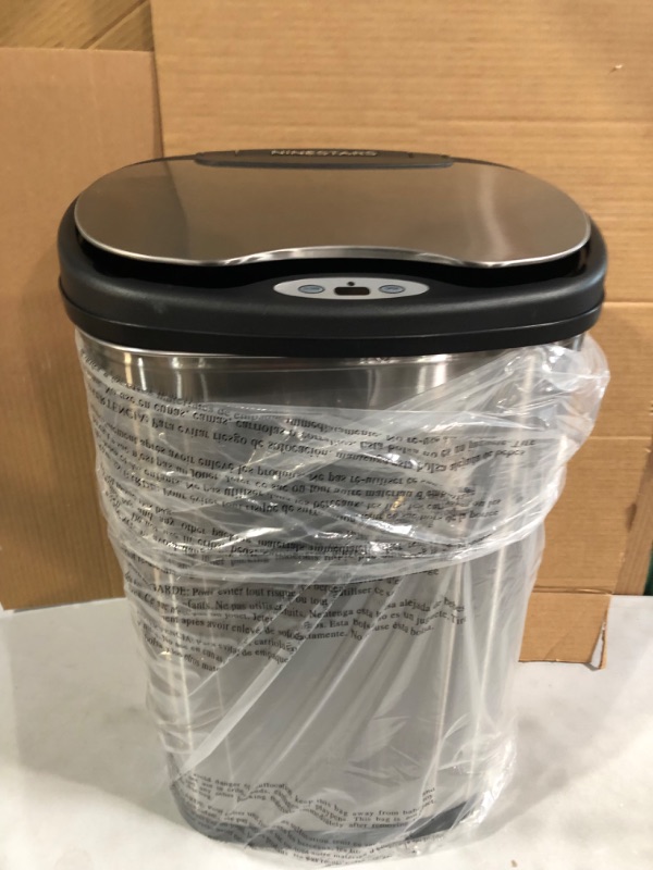 Photo 1 of NINESTARS DZT-50-13R Automatic Touchless Infrared Motion Sensor Trash Can/Recycler, 13 Gal 50L, Stainless Steel Base (Oval, Black/Silver Lid) 13 Gal Trash Can