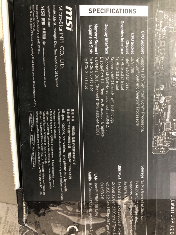 Photo 1 of MSI PRO Z690-A ProSeries Motherboard (ATX, 12th Gen Intel Core, LGA 1700 Socket, DDR5, USB 3.2 Gen 2, PCIe 5, 2.5G LAN, M.2 Slots)