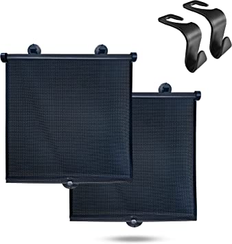 Photo 1 of EcoNour Car Side Window Sun Shade (2 Pack) with Bonus Car Headrest Hook (2 Pack) | Retractable Car Roller Sunshade for Kids | 18" x 20" + Hooks