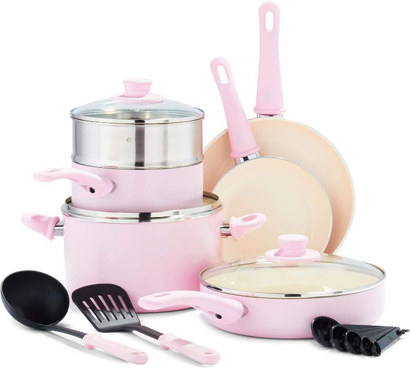 Photo 1 of GreenLife Soft Grip Healthy Ceramic Nonstick 12 Piece Cookware Pots and Pans Set, PFAS-Free, Dishwasher Safe, Pink
