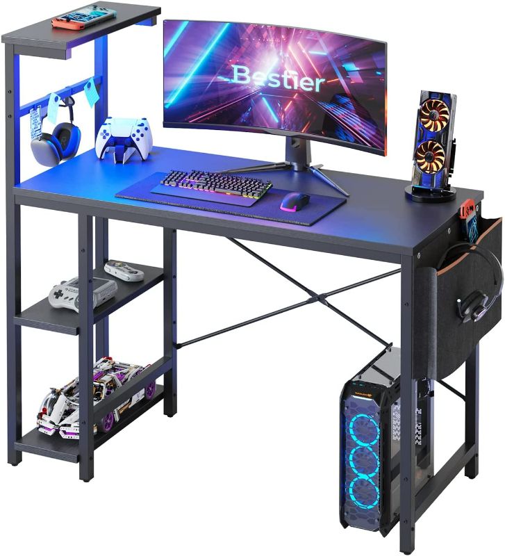 Photo 1 of Bestier Reversible 44 inch Computer Desk with LED Lights Gaming Desk with 4 Tier Shelves Black