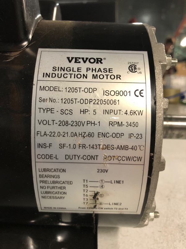 Photo 5 of VEVOR Air Compressor Electric Motor, 5 HP SPL 3450 RPM, 208-230 Volt 3.1 KW Single Phase, 56 Frame 5/8" Keyed Shaft 60 Hz, 1.88" Shaft Length NEMA for Air Compressors