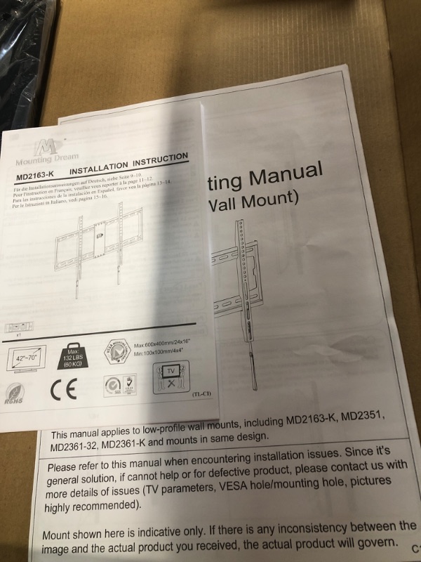 Photo 1 of Mounting Dream TV Mount Fixed for Most 42-70 Inch Flat Screen TVs, UL Listed TV Wall Mount Bracket up to VESA 600 x 400mm and 13