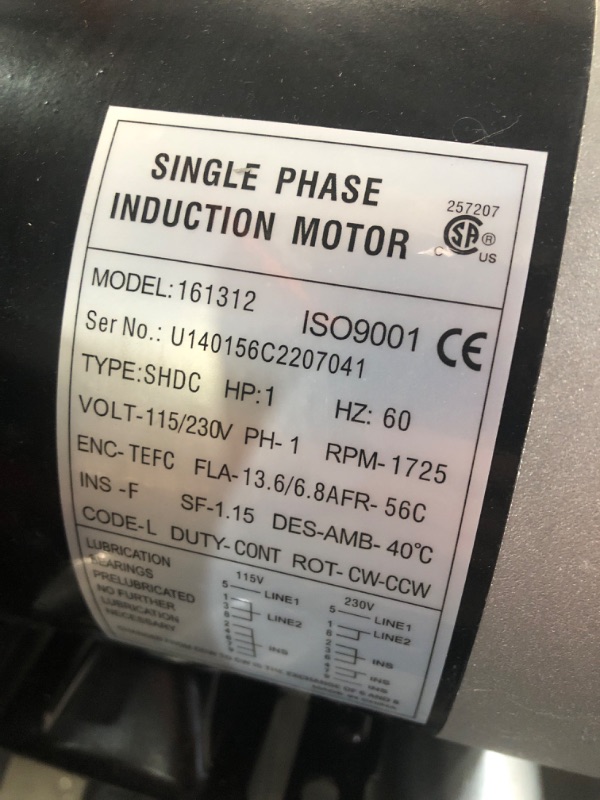 Photo 4 of 1 Hp Electric Motor 1750RPM General Purpose Single Phase Motor 56C Frame 13.6/6.8A 115/230V TEFC CW/CCW