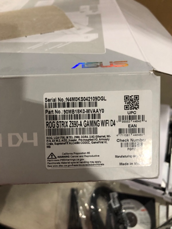 Photo 1 of **SEE NOTES**
ASUS ROG Strix Z690-A Gaming WiFi D4 LGA1700(Intel® 12th Gen) ATX Gaming Motherboard(PCIe 5.0,DDR4,16+1 Power Stages,WiFi 6,2.5 Gb LAN,BT v5.2,Thunderbolt 4,4xM.2 and Front USB 3.2 Gen 2x2 Type-C)