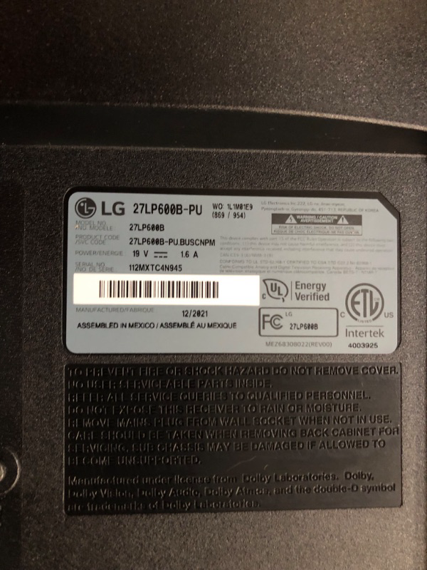 Photo 1 of LG 27LP600B-P 27 Inch Full HD (1920 x 1080) IPS TV Monitor ?5.9 x 24.1 x 15.5 inches
