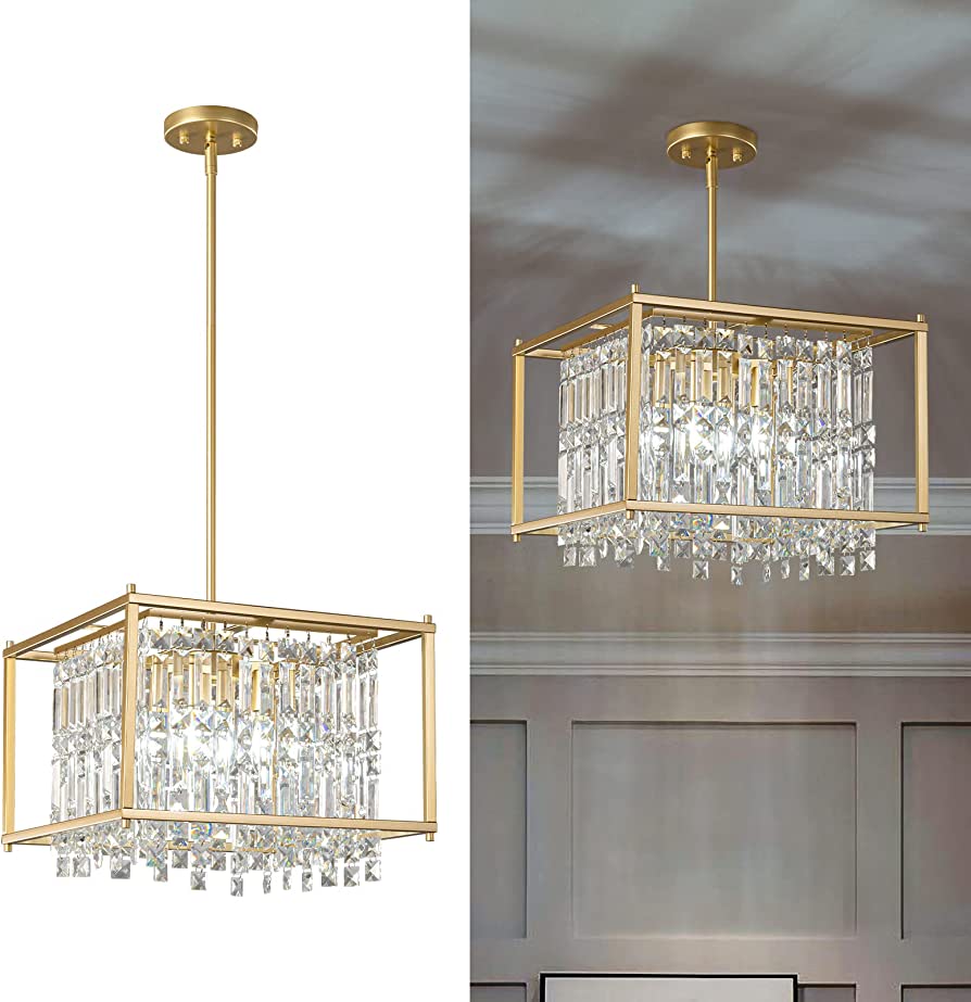 Photo 1 of 4.4 out of 5 stars179 Reviews
LMQNINE 4-Light Dining Room Light Fixture 15.74 inch Square Lndustrial Farmhouse Chandelier Gold Metal Crystal Pendant Light for Kitchen Island Dining Room Living Room Flat and Inclined Ceiling