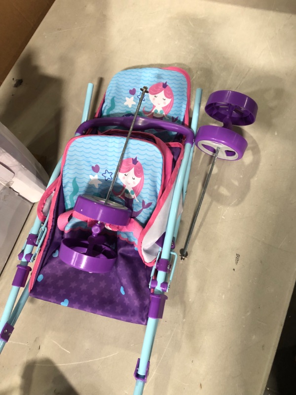 Photo 2 of 509 Crew Mermaid Twin Doll Stroller - Kids Pretend Play, Retractable Canopy, Easy to Fold for Storage & Travel, 2 Seats, Fits Dolls up to 18'', Ages 3+