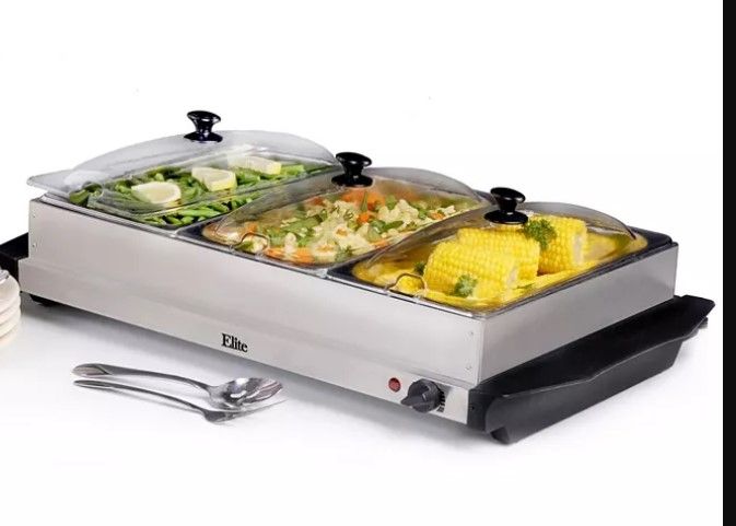 Photo 1 of 
ONLINE ONLY
Elite Gourmet 7.5 Qt. Triple Tray Stainless Steel Electric Buffet Server and Food Warmer