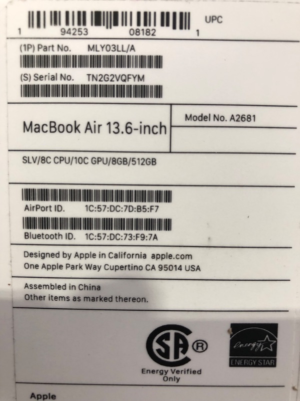 Photo 4 of **SEE NOTES** Apple 2022 MacBook Air Laptop with M2 chip: 13.6-inch Liquid Retina Display, 8GB RAM, 512GB SSD Storage - S/N TN2G2VQFYM