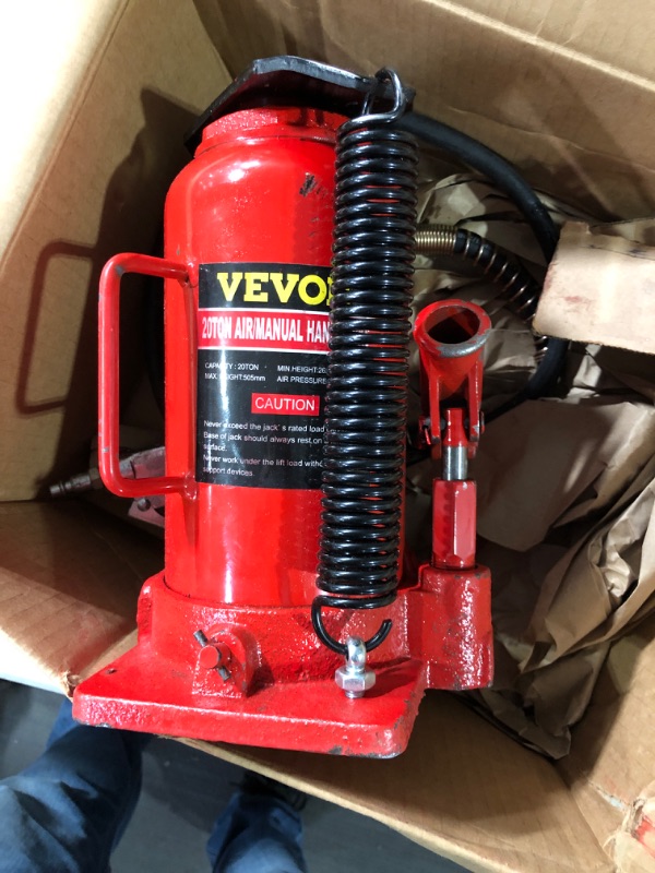 Photo 2 of VEVOR Air Hydraulic Bottle Jack, 20 Ton/44092 lbs Capacity, with Manual Hand Pump, Heavy Duty Auto Truck Travel Trailer Repair Lift, Red