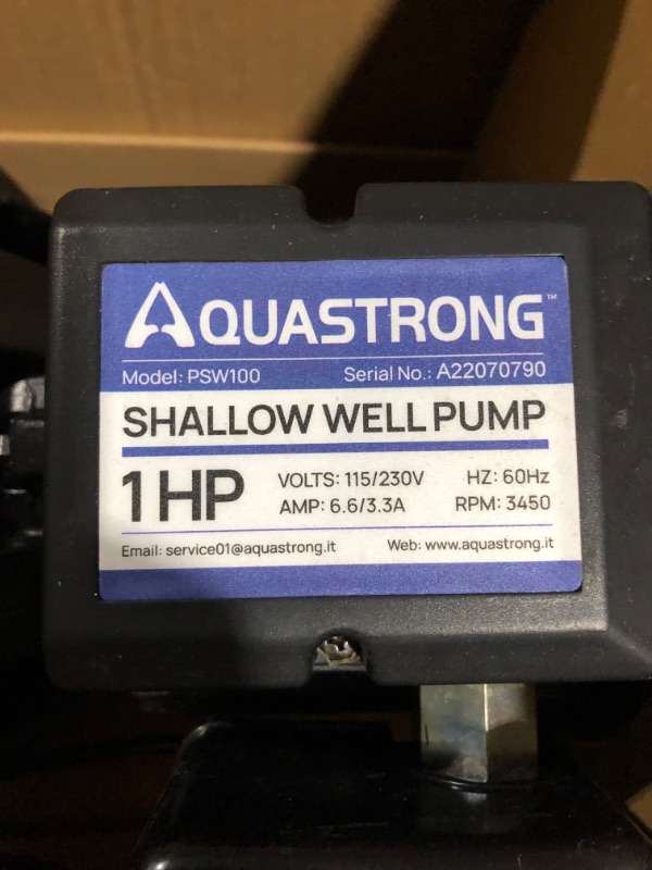 Photo 3 of Aquastrong 1HP Shallow Well Jet Pump, 1200GPH, Cast Iron, Well Depth Up to 25ft, 115V/230V Dual Voltage,