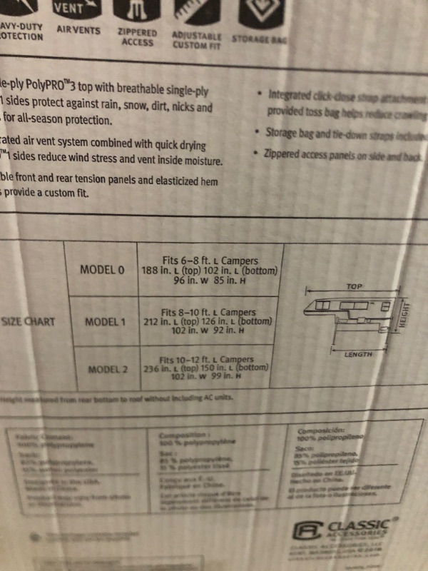 Photo 4 of Classic Accessories Over Drive PolyPRO 3 Camper Cover, Fits 10' - 12' Campers, Camper RV Cover, Customizable Fit, Water-Resistant, All Season Protection for Motorhome, Grey/Snow White 236"L (top) x 150"L (bottom) x 102"W x 99"H