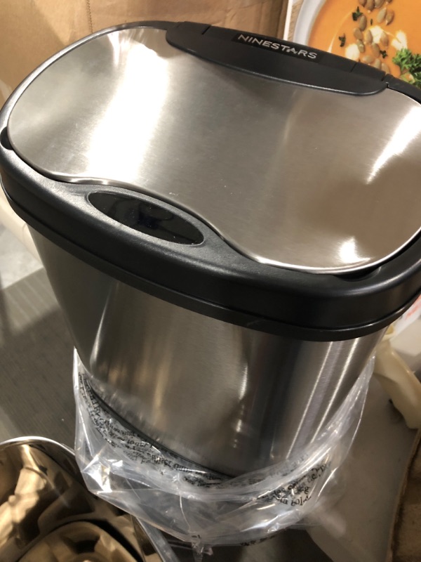 Photo 1 of NINESTARS CB-DZT-50-13/12-13 Automatic Touchless Infrared Motion Sensor Trash Can Combo Set, 13 Gal 50L & 3 Gal 12L, Stainless Steel Base (Oval, Silver/Black Lid)