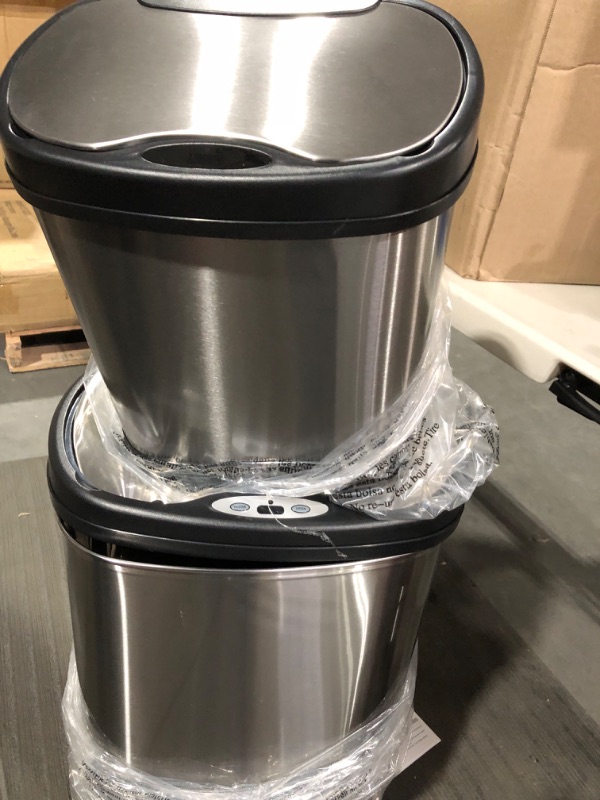 Photo 1 of NINESTARS CB-DZT-50-13/12-13 Automatic Touchless Infrared Motion Sensor Trash Can Combo Set, 13 Gal 50L & 3 Gal 12L, Stainless Steel Base (Oval, Silver/Black Lid)